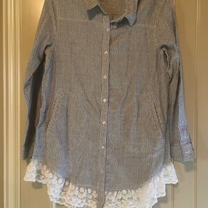 Striped Button-Up Shirt with Lace Hem